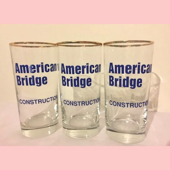 American Bridge Construction Company Gold Rimmed Drinking Glasses Set of 3